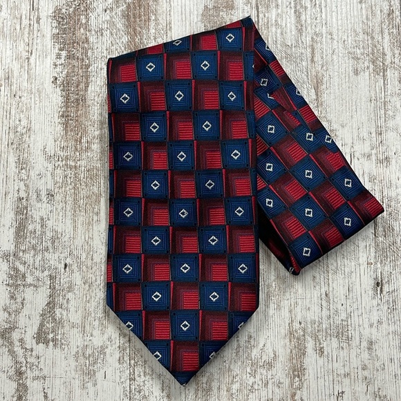 Fabio Fazio Blue Red Square Patterned Hans Made Pure Silk Neck Tie - Picture 1 of 7